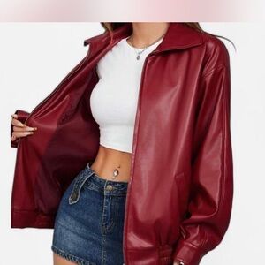 SHEIN Red Faux Leather Bomber Jacket